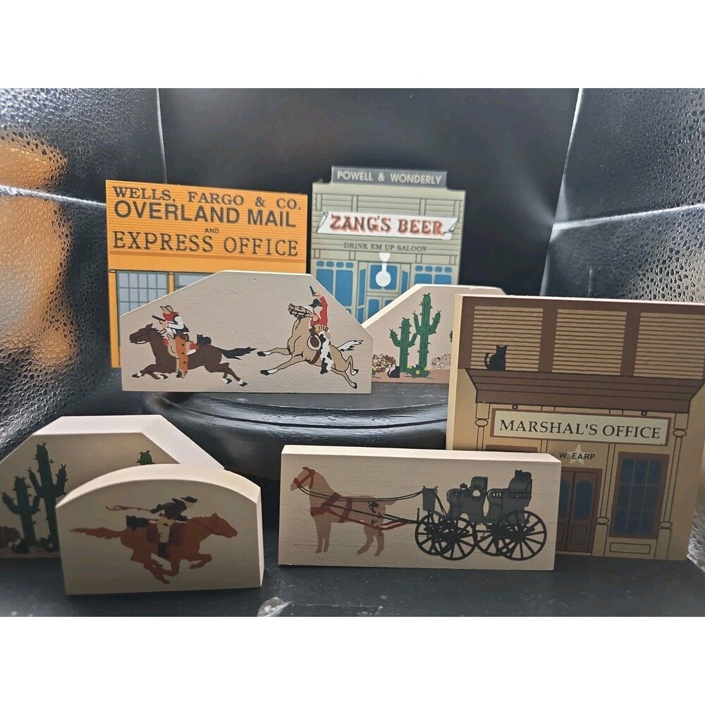 The Cats Meow 1993 Wild West Series, 8 Piece Set: 3 Buildings, 5 Plants/People
